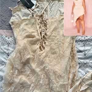 Plus Cream Floral Devore Lace Up Back Cowl Neck Midi Dress